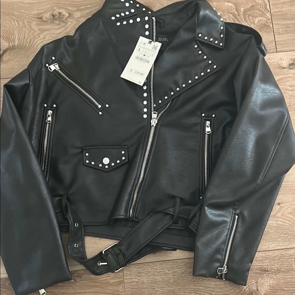 Zara Black Leather Moto Jacket with Silver Studs